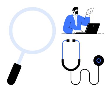 Bir dizüstü bilgisayarda çalışan büyüteç, steteskop ve işadamı araştırma, teftiş, teşhis, analitik, tıbbi danışma, sağlık hizmetleri ve sorun çözme konularını vurguluyor. Basit düz metafor