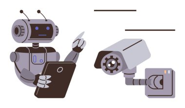 İnsanımsı robot tablet tutuyor, güvenlik yapay zeka entegrasyonunu gösteren CCTV kamerasının yakınındaki ekrana bakıyor. Otomasyon, izleme, yenilik, veri koruması, robotik, güvenlik, dijital için ideal