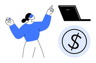 Kendine güvenen bir kadın, dijital çalışmayı temsil eden bir dizüstü bilgisayar ve finansal başarıyı ön plana çıkaran bir para birimi simgesi. Finans, iş, e-ticaret, çevrimiçi bankacılık, yatırım, strateji için ideal