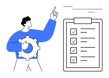 Süreç geliştirmeyi sembolize eden vites tutan adam, tamamlanmış görevleri olan bir kontrol listesine işaret ediyor. Üretkenlik, organizasyon, takım çalışması, planlama, görev yönetimi, iş stratejisi, basit daire