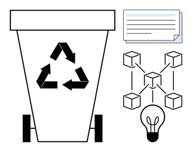 Sürdürülebilirlik için okları olan geri dönüşüm kutusu, yenilik için küp blokları, fikirleri temsil eden belgeler ve yaratıcılık için parlayan ampuller. Sürdürülebilirlik, yenilik ve eğitim için ideal