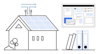 Güneş panelleri ve antenleri olan ev, dijital enerji yönetim paneli, kitaplar ve belgeler. Çevre dostu yaşam, enerji yönetimi, sürdürülebilirlik, yenilik, yenilenebilir akıllı evler için ideal