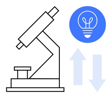Basit tasarımlı mikroskop, yeniliği sembolize eden mavi ampul, büyüme ve ilerlemeyi gösteren oklar. Bilim, eğitim, araştırma, yenilik, ilerleme, veri analizi için ideal basit