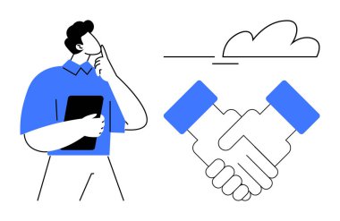 Adam elinde tablet tutarken çözümler üzerinde kafa yoruyor, ortaklığı vurguluyor. Takım çalışması, karar verme, iş birliği, ortaklık, güven, iletişim ağı için ideal. Basit.