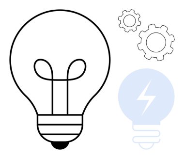 Vitesli ve enerji sembollü ampul ana hatları yaratıcılığı, problem çözmeyi, takım çalışmasını ve teknolojik ilerlemeyi vurgular. Yenilik, beyin fırtınası, teknoloji ve mühendislik için ideal.