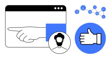 Tarayıcıda el gösterimi, daire profili simgesi, birbiriyle bağlantılı iş unsurları, işaret işareti. Kullanıcı arayüzü, geribildirim, navigasyon, ağ, onay süreci için ideal sosyal medya