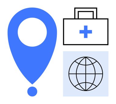 Mavi konum işareti, haçlı siyah sağlık çantası, ve dünya ızgara ikonu. Sağlık, küresel yardım, acil durum hizmetleri, seyahat, insani yardım lojistiği ve navigasyon için idealdir. Basit düz
