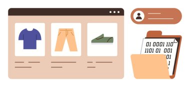 Giysi, kullanıcı profili diyalog kutusu, ikili veri özeti içeren bir e-ticaret sayfası. Teknoloji, perakende, çevrimiçi alışveriş, pazarlama, analitik, veri güvenliği için ideal modern