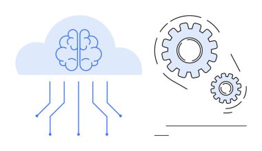 Yapay zekayı ve bulut hesaplamasını simgeleyen, çizgiler ve dişlilerle bağlantılı bir bulutun içindeki beyin. Teknoloji, yenilik, makine öğrenimi, otomasyon, bağlantı, veri işleme ve takım çalışması için ideal