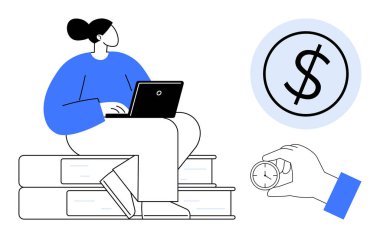 Dizüstü bilgisayarını istiflenmiş kitaplarda kullanan bir kadın öğrenme ve üretkenliği vurguluyor. El ve dolar işaretleri, zaman yönetimi, finansal planlama. Eğitim, kariyer ve yatırım için ideal
