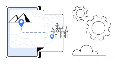 Gezici bir cihaz, dağlarla şato arasında bulutlar ve viteslerle çevrili bir rotayı gösteriyor. Seyahat, keşif, teknoloji, seyrüsefer, turizm, seyahat planlaması için ideal, basit