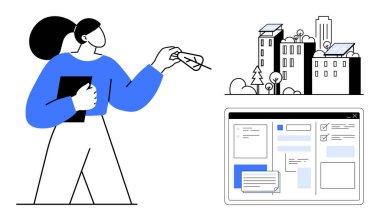 Elinde pano tutan kişi çatısı güneş panelleri ve dijital proje arayüzü olan çevre dostu binaları inceliyor. Sürdürülebilirlik, yeşil enerji, kentsel planlama, akıllı şehirler ve proje için ideal