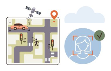 Yaya geçidinde trafik ışıkları, yaya tespiti ve yüz tanıma sistemi olan GPS 'li bir araç. Akıllı şehir, teknoloji, navigasyon, izleme, yenilik, güvenli şehir için ideal