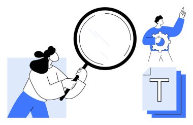 Elinde büyüteç tutan kadın, teçhizatlı ve yukarıya bakan adam, metin bloğu. Takım çalışması, problem çözme, araştırma, beyin fırtınası, yenilik, basit iniş sayfası analizi için ideal