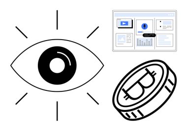 Göz çizgilerle çevrili, Bitcoin madeni para, çizelgeler ve video ile gösterge paneli. Finans, teknoloji, kripto para birimi, analitik, yenilik dijital pazarlama gelecek trendleri için idealdir. Basit bir daire.