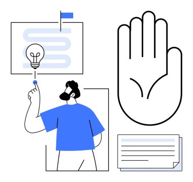 Parlayan bir ampul, akış şeması, vurgu ve belge için elini kaldıran bir adam. Yaratıcılık, problem çözme, iş akışı, karar verme eğitimi yenilik ekibi çalışması için idealdir. Basit düz