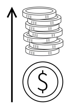 Bir dolar para birimi tabelasının yanında maddi büyümeyi gösteren dikey bir okla istiflenmiş paralar. Finans, yatırım, tasarruf, kâr, ekonomi, iş ve başarı kavramları için ideal. Temiz daire