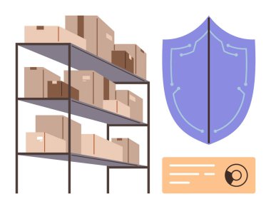 Metal raflarda, siber güvenlik kalkanı simgesi ve profil kartıyla birlikte istiflenmiş karton kutular. Lojistik, depolama, veri güvenliği, e-ticaret, tedarik zinciri, depo yönetimi, basit bir daire için ideal