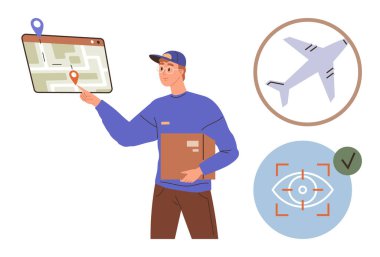 Teslimatçı elinde bir kutu olan dijital bir haritayı işaret ediyor. Nakliye için uçak simgesi ve tam takip için güvenlik hedef simgesi. Lojistik, dağıtım, nakliye, kurye ve teknoloji için ideal