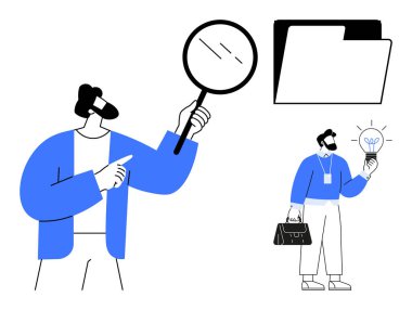 Profesyoneller verileri büyüteçle inceliyor, elinde parlayan bir ampul ve analizi, yeniliği ve organizasyonu sembolize eden bir klasör tutuyorlar. Araştırma ve beyin fırtınası için ideal.