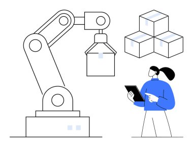 Robot kol, tablet kullanan bir mühendis tarafından kontrol edilen kutuları taşıyor. Otomasyon için ideal, modern teknoloji, endüstri, robotik, verimlilik, yenilik, basit iniş sayfası