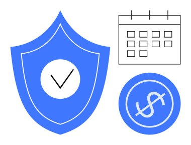 İşaretli, takvimli ve dolar işaretli kalkanlar finansal güvenlik, planlama ve sürdürülebilirliği vurguluyor. Sigorta, bütçe, yatırım, zaman yönetimi güvenilirliği korumak için ideal