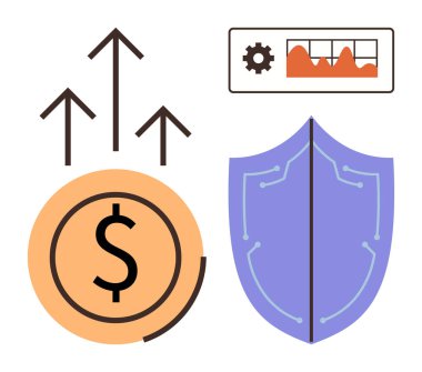 Yükselen oklar, para, kalkan ve analitik grafikler finansal büyümeyi, korumayı ve stratejik sezgileri simgeliyor. Finans, yatırım, güvenlik analizi iş stratejisi girişimleri için ideal