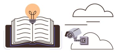 Üzerinde parlayan ampulün olduğu açık bir kitap fikirleri ve öğrenmeyi simgeler, güvenlik kamerası gözlemi vurgular ve veri ve teknolojiyi işaret eden bulut elementleri. Eğitim ve güvenlik için ideal