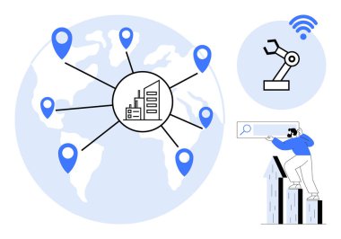 Küresel harita ağının merkezindeki fabrika birden fazla yere bağlı, kablosuz sinyali olan robotik kol, bar grafik araştırması yapan adam. Teknoloji, endüstri, lojistik ve otomasyon için ideal.