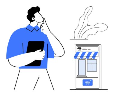 Tablet tutan kişi, minimalist bitkinin yanında, alışveriş arabası ikonu ile internetteki mağazaları incelikle analiz ediyor. E-ticaret, iş planlaması, çevrimiçi alışveriş, tasarım, teknoloji için ideal