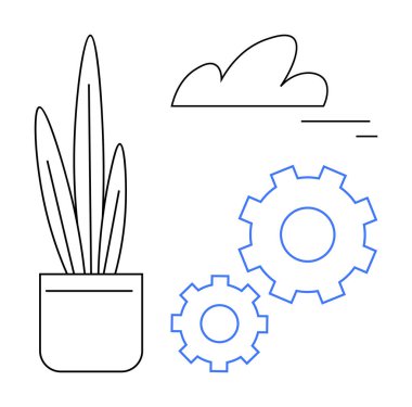Tencerede minimalist bir bitki, iki mavi vites ve bir bulut çizgisi. Büyüme, yenilik, sürdürülebilirlik, takım çalışması, yaratıcılık, süreç verimliliği için ideal basit iniş sayfası
