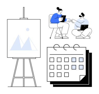 Tablet ve dizüstü bilgisayarla işbirliği yapan iki kişi, program için takvim ve sunum için boş tabela. Takım çalışması, planlama, beyin fırtınası, programlama, eğitim, organizasyon için ideal