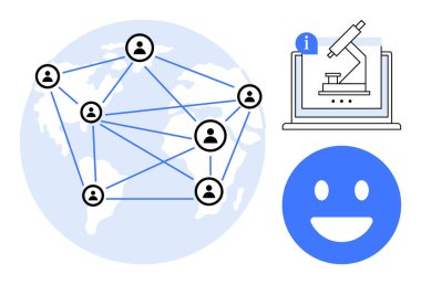 Dünya haritasında birbirine bağlı kullanıcı profilleri, dizüstü bilgisayarda mikroskop, gülen yüz simgesi. İşbirliği, bilim, araştırma, teknoloji, iletişim, küreselleşme için ideal basit iniş sayfası