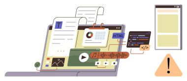 İçerik oluşturma için dokümanlar, kod, HTML, grafikler, video, ses ve ortam simgeleri içeren dizüstü bilgisayar ekranı. Mobil arayüz önizlemesi ve uyarı işareti. Web tasarımı için ideal UIUX yazılım geliştirme
