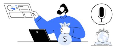 Elinde para çantası, laptop, mikrofon ve kitapla analitik torpido gözüne bakan adam. İş, finans, eğitim, araştırma, küresel bağlantı teknolojisi için idealdir