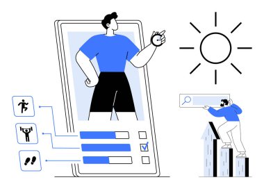 Telefon izleme sporcusu, hedeflerini gösteren çizelgeler, çatıdan arayan küçük bir insan, parlak güneş. Sağlık, fitness, mobil teknoloji, ilerleme, hedef belirleme refahı için ideal