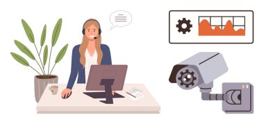 Masasında kulaklığı olan bir kadın müşterilere yardım ediyor, güvenlik kamerası izleme sistemi var, veri analizleri ekranda. Müşteri hizmetleri, uzaktan çalışma, bilişim desteği, izleme, iletişim ve analiz için ideal