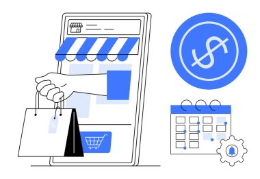 Dükkan önünü gösteren dijital pazar uygulaması, alışveriş torbaları. Zamanlama takvimi, finansal planlamayı gösteren dolar simgesi. E-ticaret, iş, zaman yönetimi ve bütçe için ideal