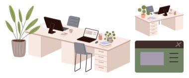 Dizüstü bilgisayarlı ve monitörlü masalar, sandalyeler, saksı bitkileri, kırtasiye malzemeleri, kahve fincanları ve arayüz düzeni. Üretkenlik, yaratıcılık ve organizasyon için idealdir.