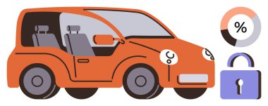 Turuncu bir araba, görünür oturma düzeni, yüzde bir pasta grafiği ve kilit sembolü. Otomobil endüstrisi, araba kredileri, sigorta, güvenlik, veri gizliliği, finansal planlar için ideal basit düz metafor