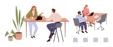 İki çift iş arkadaşı çalışma masalarında dizüstü bilgisayarlar, bitkiler ve ofis sandalyeleriyle çalışıyor. Takım çalışması, işbirliği, iletişim, beyin fırtınası, üretkenlik, iş stratejisi için idealdir.