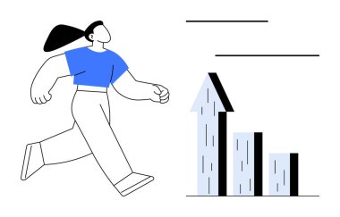 Kendine güvenen bir kadın, yukarı doğru kolonlar ve okla büyüme çizelgesine yaklaşıyor. Başarı, ilerleme, iş, kariyer geliştirme, motivasyon, hedef belirleme, basit iniş sayfası için ideal