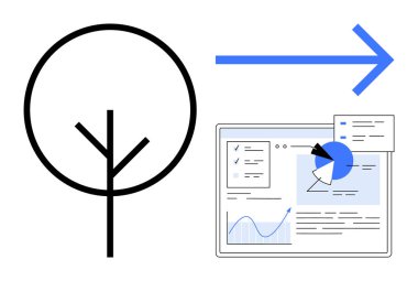 Asgari ağaç simgesi, grafik, grafik ve oklu bir veri analizi panelinin yanında sürdürülebilirliği temsil eder. Yenilik, teknoloji, ekoloji, iş büyümesi, analitik ve karar verme için ideal