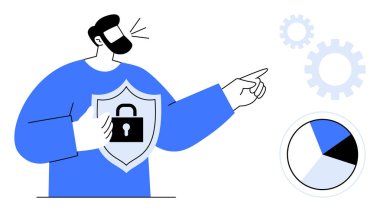 Kilitli bir kalkan tutan, soyut vites simgelerine ve pasta grafiğine işaret eden bir adam. Siber güvenlik, veri koruması, yasa, analiz, güvenlik, teknoloji iletişimi için ideal. Basit.