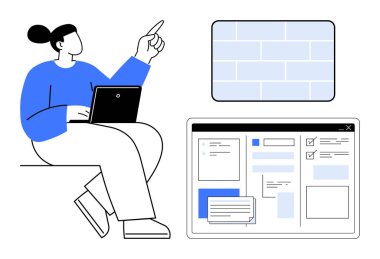 Dizüstü bilgisayarla oturan kişi, organize görevler, hatırlatıcılar ve seçeneklerin öngörülen arayüzüne işaret ediyor. Üretkenlik, görev yönetimi, dijital işbirliği, çevrimiçi araçlar, işyeri