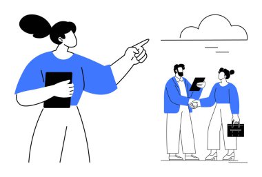 Tabletle el kol hareketi yapan ve yönü gösteren iki iş arkadaşı el sıkışıyor ve tartışıyorlar. Takım çalışması, liderlik, iletişim, işbirliği, iş birliği, rehberlik anlaşması için ideal. Basit.