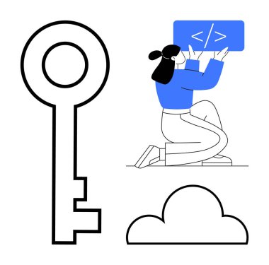 Kodlanırken diz çöken kadın, güvenliği simgeleyen büyük anahtar ve bulut çözeltilerini temsil eden bulut. Teknoloji, kodlama, bulut hesaplama, siber güvenlik, yazılım geliştirme için ideal, IT basit