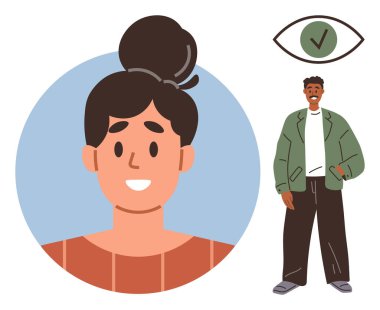 Sıradan giyinmiş bir adamın yanında daire şeklinde bir çerçevede gülümseyen kadın portresi, sembolik gözün üstünde işaret. Kimlik, kapsama, onaylama, onaylama, kişisel markalaşma, çeşitlilik, takım çalışması kavramları için ideal