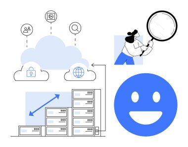 Bulut depolama, güvenlik, kullanıcı simgeleri, sunucular, büyüme tablosu, büyüteç, büyük mutlu yüz. Teknoloji için ideal, veri güvenliği deneyimi analitik ölçeklenebilirlik yazılım tasarımı basit