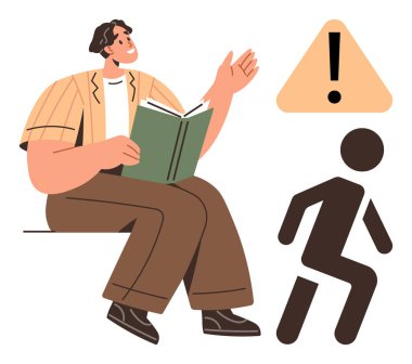Kitap okuyan, ifadesini yükselten, ünlemli uyarı işareti olan soyut figür yürüyen bir adam. Eğitim, ihtiyat, farkındalık, hikaye anlatma, kendini geliştirme için ideal liderlik basit